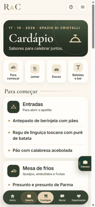 Tela real do cardápio da festa, com entradas e mesa de frios