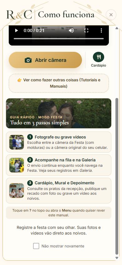 Tela pública do guia do Modo Festa, com três passos para enviar fotos e vídeos, acompanhar os envios e usar cardápio e mural