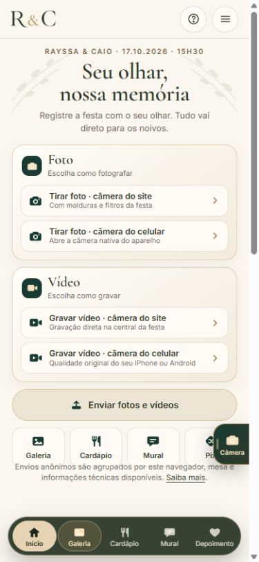 Tela real do Modo Festa, com opções para tirar fotos, gravar vídeos e enviar registros aos noivos
